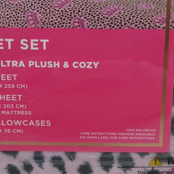 Juicy Couture Queen Plush Sheet Set Leopard & Logo Crown Print Purple Pink - Picture 6 of 10